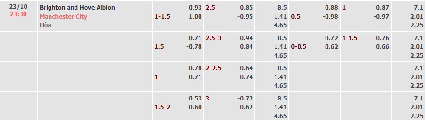 Biến động tỷ lệ kèo Brighton vs Man City, 23h30 ngày 23/10 - Ảnh 1