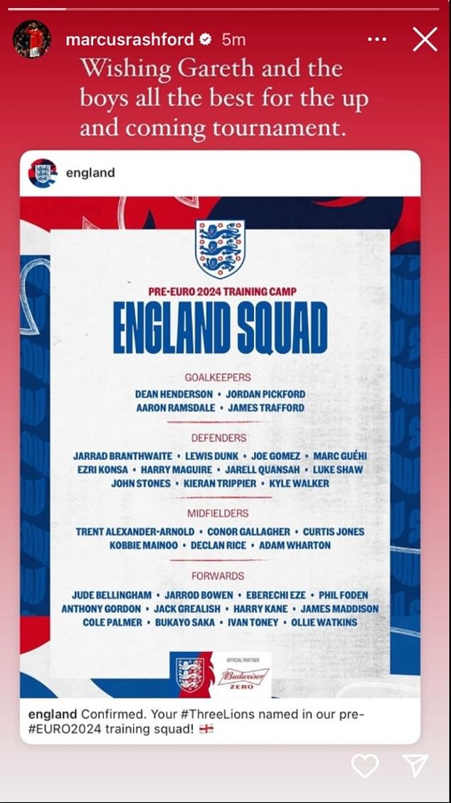 Rashford l&ecirc;n tiếng về việc kh&ocirc;ng được l&ecirc;n tuyển Anh dự Euro 2024 - Ảnh 1