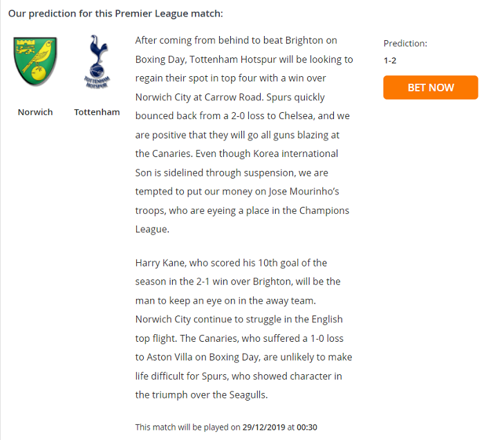 Dự đoán Norwich vs Tottenham (0h30 29/12) bởi Football Predictions Dự đoán Norwich vs Tottenham (0h30 29/12) bởi Football Predictions