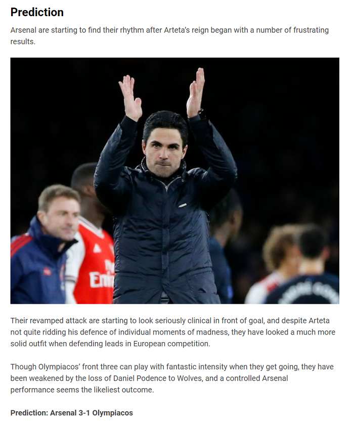 Dự đoán Arsenal vs Olympiakos (3h 28/2) bởi chuyên gia Declan Houten