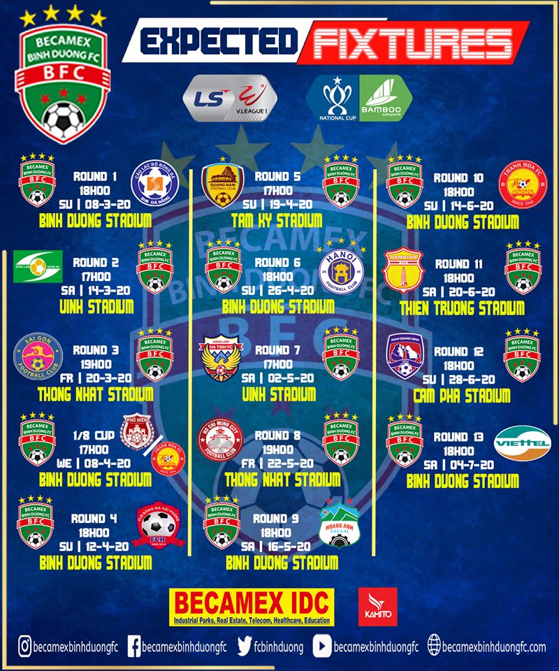 Lịch thi đấu của B.Bình Dương tại V.League 2020 lượt đi