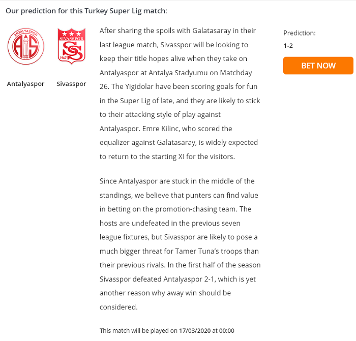 Dự đoán Antalyaspor vs Sivasspor (0h 17/3) bởi Football Predictions