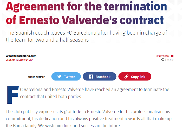 Barcelona chính thức sa thải HLV Ernesto Valverde