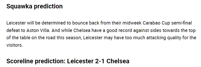 Dự đoán Leicester vs Chelsea (19h30 1/2) bởi Squawka Dự đoán Leicester vs Chelsea (19h30 1/2) bởi Squawka