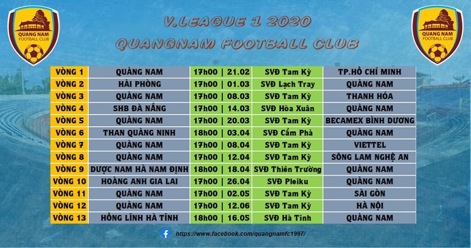 Lịch thi đấu của Quảng Nam tại V.League 2020 lượt đi Lịch thi đấu của Quảng Nam tại V.League 2020 lượt đi
