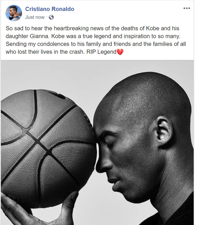 Ronaldo ngậm ngùi chia sẻ sau khi Kobe Bryant ra đi